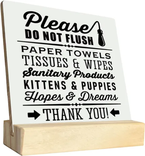 Vista 8 de Placa de estilo granja "Do Not Flush" con gatitos y cachorros adorables en soporte de madera