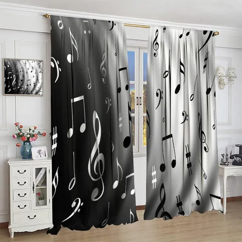 Vista 4 de Cortinas de notas musicales, blanco y negro, instrumento musical, canción, arte de canción, opacas, para ventana, dormitorio, sala de estar