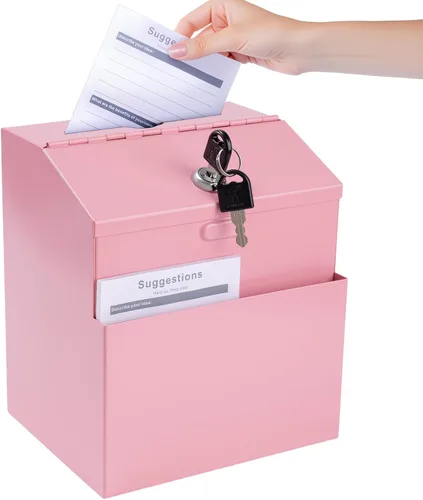 Vista 9 de Caja de sugerencias con ranura y cerradura y 50 hojas de sugerencias montadas en la pared Boleta de comentarios y caja de donación con candado Acero