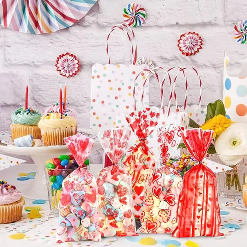 Vista 6 de Bolsas de dulces de San Valentín, 200 piezas de bolsas de celofán de San Valentín, bolsas de plástico transparente rojo para dulces, galletas