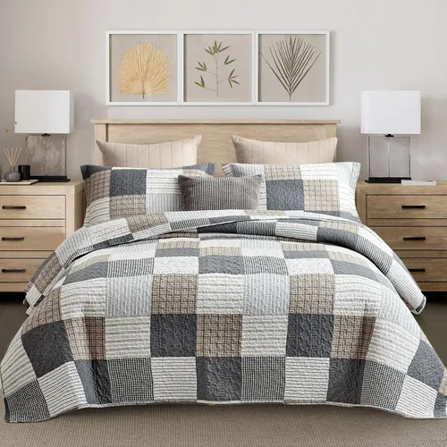 Vista 15 de Y-PLWOMEN Colchas 100% algodón tamaño Queen Farmhouse Plaid 3 piezas ropa de cama Azul y marrón