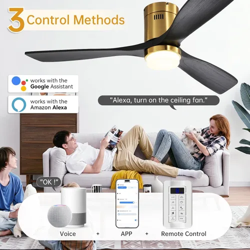 Vista 2 de CACI Mall Ventiladores de techo inteligentes de madera de 52 pulgadas con luces y control remoto, 3 cuchillas, perfil bajo, moderno, compatible