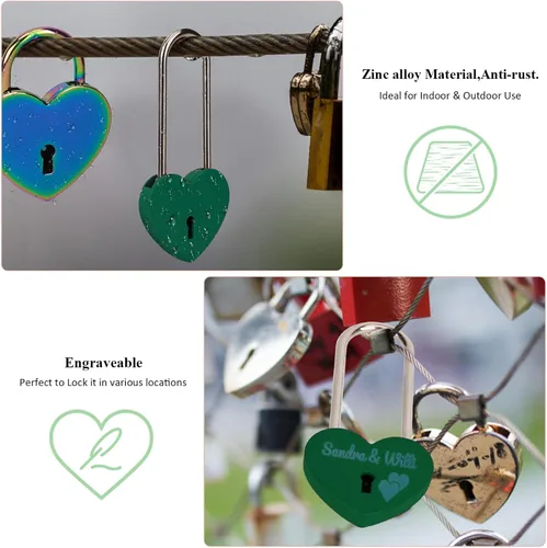 Vista 3 de 2 candados de goma con forma de corazón, cerradura en forma de corazón con llave para el día de San Valentín, puente, boda, aniversario, viajes