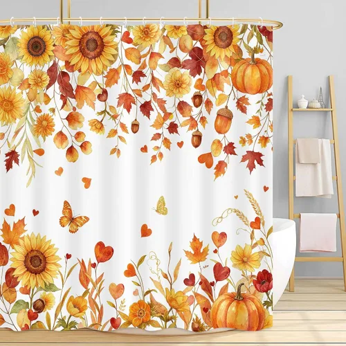 Vista 10 de Boho Fall Pumpkin Bow Shower Curtain for Bathroom, Waterproof Thanksgiving Harvest Autumn Bath Curtain with Hooks, Washable Privacy Curtain for Kids