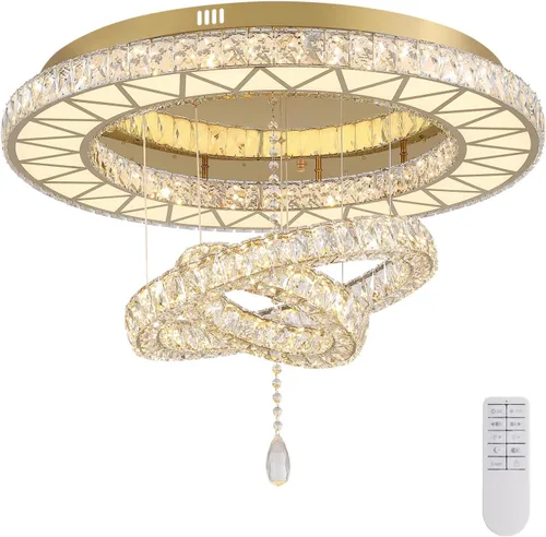 Vista 7 de Siljoy Candelabros de cristal dorado de 32 pulgadas, 3 anillos LED de montaje empotrado, lámparas de techo regulables para sala de estar, comedor
