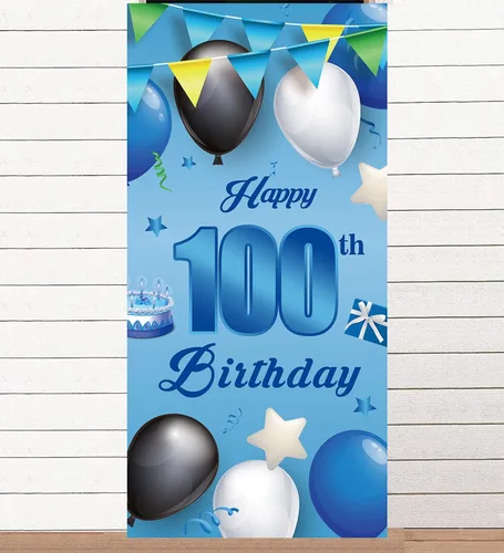 Vista 7 de Cartel azul de feliz cumpleaños número 11, globos de fondo de estrellas, confeti y saludos a los 11 años, decoración temática de puerta, porche