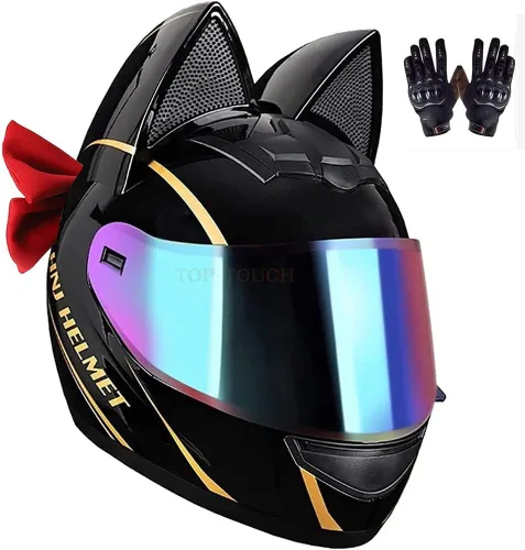 Vista 6 de Casco de motocicleta de moda con bonitas orejas de gato, elegante pajarita para mujer, casco personalizado cómodo de cara completa, transpirable 2