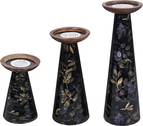 Vista 14 de Mela Artisans Pakshi - Juego de 3 portavelas de madera de mango de 6, 9 y 12 pulgadas, color blanco envejecido, portavelas de madera para mesa