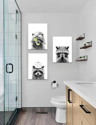 Vista 4 de Adorable póster artístico de mapache para baño, divertido póster de decoración de pared en blanco y negro, impresiones en lienzo de animales lindos