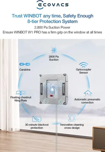 Vista 9 de ECOVACS Winbot W1 Pro - Robot de limpieza de ventanas, limpieza inteligente con tecnología de rociado de agua dual cruzado, planificación de rutas