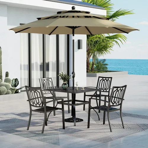 Vista 49 de MFSTUDIO Juego de mesa de comedor para patio al aire libre con paraguas, 4 sillas giratorias y 1 x 37 cuadrado Bistro forjado Iorn Slat mesa grande