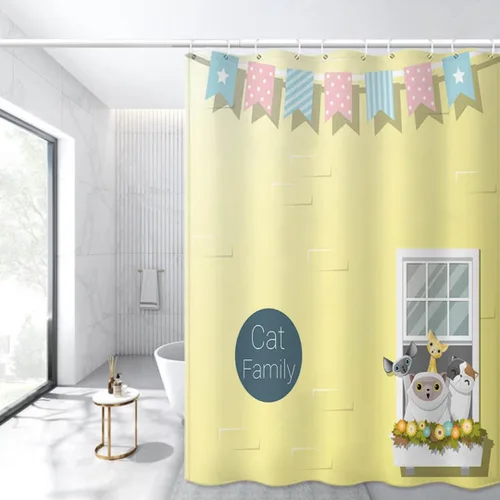Vista 5 de Divertida cortina de ducha de gatos para niños, decoración de baño en poliéster con 12 ganchos de metal, cortina de ducha azul claro para niños, 78