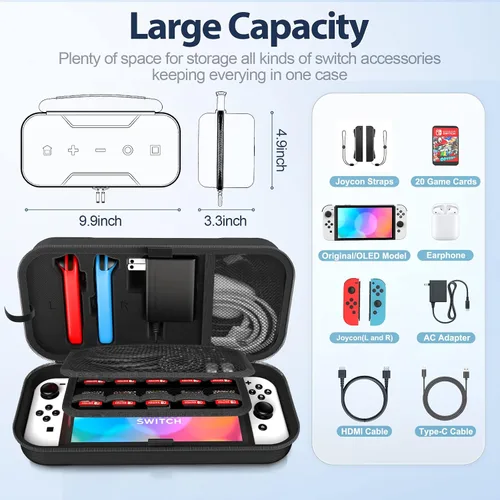 Vista 3 de Switch OLED - Funda de transporte compatible con Nintendo Switchmodelo OLED, funda de transporte portátil para Joy-Con y adaptador, funda protectora