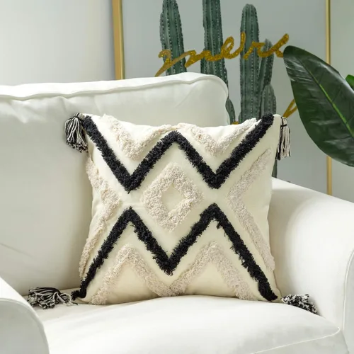 Vista 4 de Funda de almohada tejida estilo bohemio, moderna, decorativa, geométrica, a rayas, cheurón, con borlas, fundas de almohada tribales de granja