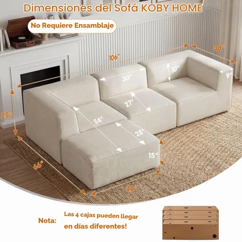 Vista 2 de Sofá Seccional Comprimido de 106" Sofás Modulares en Forma de L con Chaise, Espuma de Alta Densidad Sin Ensamblaje Requerido, 4 Piezas