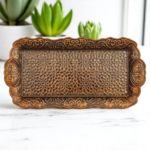 Vista 4 de Alisveristime Bandeja pequeña de metal ornamentado para servir – Bandeja decorativa con motivo otomano (14.2 x 7.1 pulgadas, 10.8 onzas)
