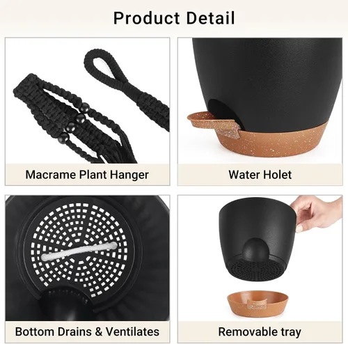 Vista 4 de Mkono - Macetas colgantes, perchas de macramé con macetas auto-regantes. Juego de 3 cestas colgantes para interiores, soportes para macetas