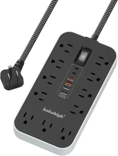 Vista 10 de Regleta de alimentación beige con puertos USB, cable de extensión plano de 5 pies, cable de extensión decorativo de 1625 W con 8 tomas de corriente