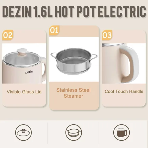 Vista 7 de Dezin Olla caliente eléctrica de 2L y cocina rápida de fideos de 1.6L