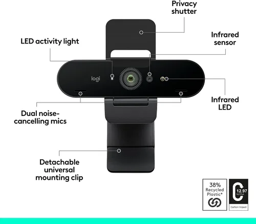 Vista 6 de Logitech Brio, webcam Ultra HD para videoconferencias, grabación de videos y transmisión
