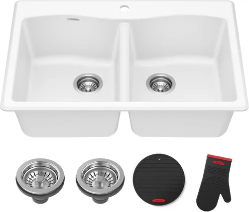 Vista 18 de Kraus Forteza - Fregadero de cocina de doble seno 50/50 de granito de instalación empotrada/sobre encimera, 33 pulgadas, color negro (KGD-52BLACK)