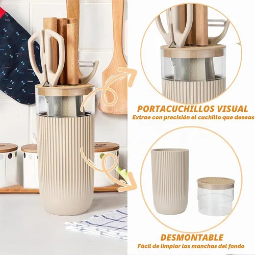 Vista 5 de Juego de cuchillos de cocina profesional de 7 piezas con bloque universal de cuchillos, juego de bloques de cuchillos súper afilados con mango Beige