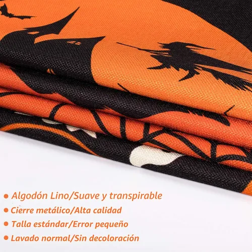 Vista 3 de Whaline 4 fundas de almohada de Halloween, funda de almohada naranja y negra, funda de cojín de lino para sofá cama (18 x 18 pulgadas)