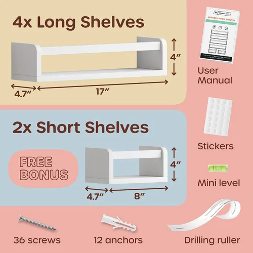 Vista 2 de HOMEY PANDA Estanterías de Pared para Guardería - 4 Estantes Largos + 2 Mini Estantes, Almacenamiento para Habitación de Niños