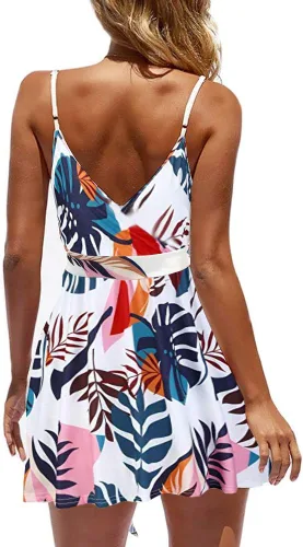 Vista 2 de CASURESS - Vestido corto de verano para mujer, con cuello en V, estampado floral, acampanado, tirantes delgados, sin mangas, estilo patinadora