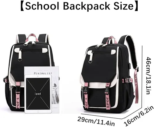 Vista 2 de Mochila para niñas y niños mochila escolar para estudiantes de escuela primaria secundaria mochila de viaje para niños Negro Rosa Mochilas Daypack