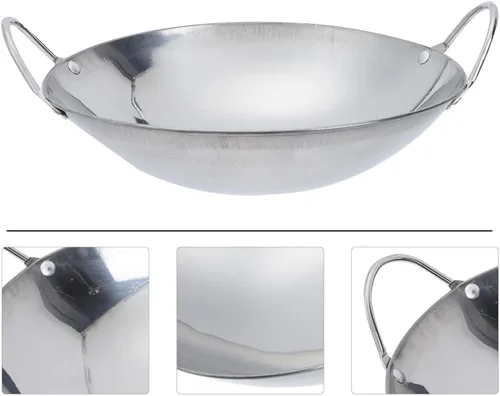 Vista 4 de Yardwe Wok Sartén de acero inoxidable Stir Fry Sartenes de 8 pulgadas Olla caliente de hierro Sartén de hierro de doble mango Olla de cocina china