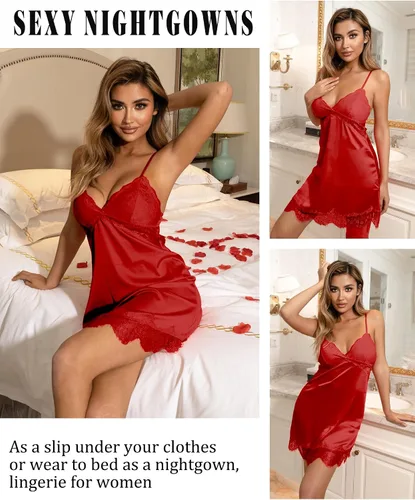 Vista 4 de Avidlove Camisón de seda para mujer, ropa de dormir sexy de encaje, sin mangas, de satén, vestido camisero