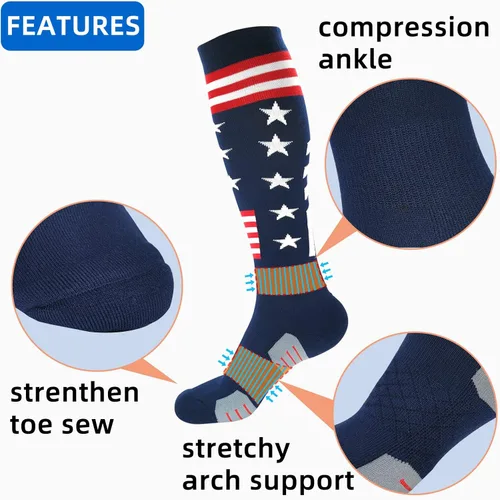 Vista 3 de Calcetines atléticos hasta la rodilla con la bandera estadounidense para béisbol, fútbol, sóftbol y fútbol