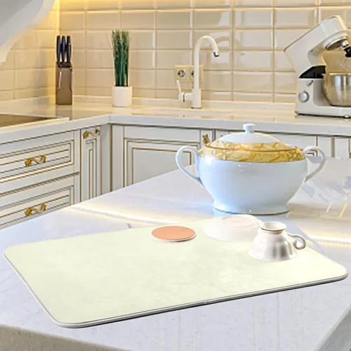 Vista 6 de Tapete de secado de platos pequeño beige XL para platos, accesorios de cocina, mostrador de microfibra, escurridor de platos, resistente al calor