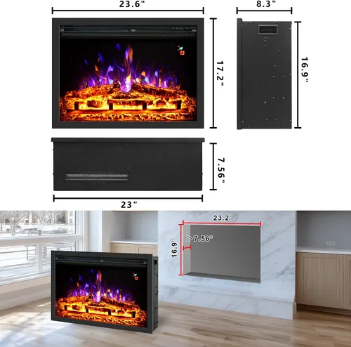 Vista 3 de Insertos de chimenea eléctrica de 23.6", brillo ajustable, termostato y temporizador, protección contra sobrecalentamiento, 750/1500W