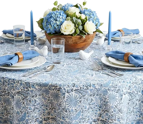 Vista 15 de ATOSII Mantel 100% algodón, Amara, floral, hecho a mano, rectangular, de lino, para cocina, comedor, fiestas, bodas, exteriores, picnics, Pascua