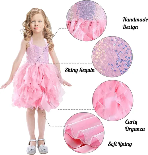 Vista 4 de Vestido tutú para niñas, vestido de tul con lentejuelas, vestido de princesa para niñas pequeñas, disfraz de fiesta de cumpleaños brillante