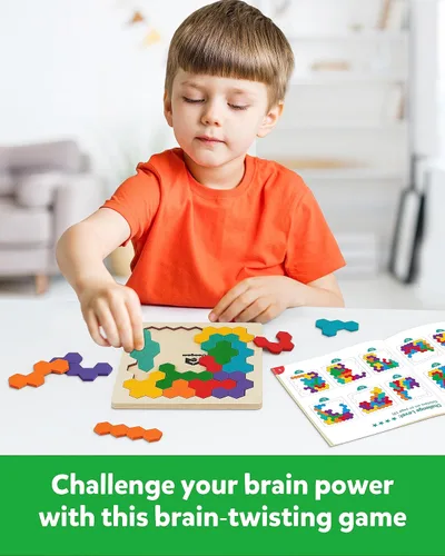 Vista 2 de Coogam - Rompecabezas de madera Tangram, rompecabezas de forma y color 3D, juego de lógica y coeficiente intelectual geométrico, bloques Montessori