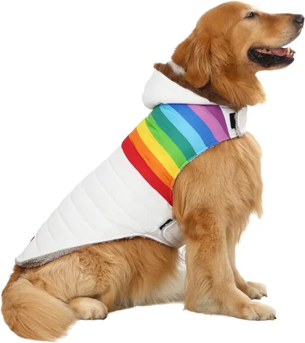 Vista 8 de HDE Chaqueta acolchada para perro, con forro polar, abrigo de invierno cálido para perro con agujero para arnés a rayas rosas, talla S Raya rosa
