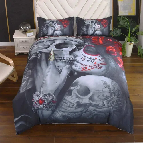 Vista 2 de Juego de funda de edredón con diseño de calavera de azúcar gótica oscura 3D