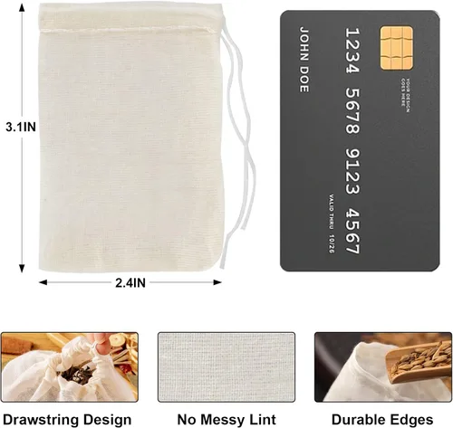 Vista 3 de Numola 50 bolsas de té de algodón sin blanquear, bolsas de té reutilizables con cordón para cocinar sopa, bolsa infusora de té orgánico natural