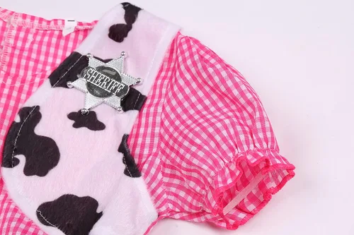 Vista 4 de Disfraz de vaquera para niñas, vestido de vaquera occidental de Halloween con sombrero de vaquero rosa