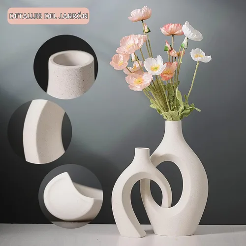 Vista 6 de Levvohd XL Juego de 2 jarrones beige de cerámica para decoración moderna del hogar, jarrones huecos florales modernos de estilo bohemio ecléctico