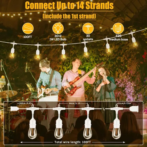 Vista 5 de SUFEIMAS - Cadena de luces para exteriores de 100 pies, IP65 a prueba de agua, bombillas LED de plástico 30+2, 2700K, luces blancas para patio Blanco