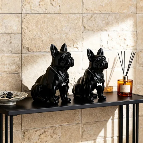 Vista 6 de Estatua negra de bulldog francés, estatua de pug sentado de resina, escultura de bulldog inglés para decoración del hogar, decoración de escritorio