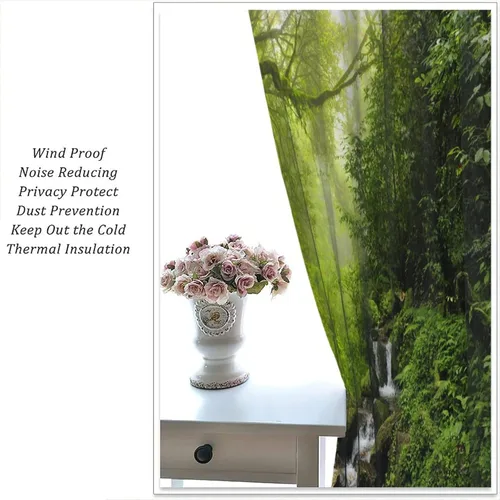 Vista 5 de Cortinas de paisajes naturales – Bosque idílico vegetación soñada, misterio fresco tema de paisajes tropicales, cortinas opacas decorativas