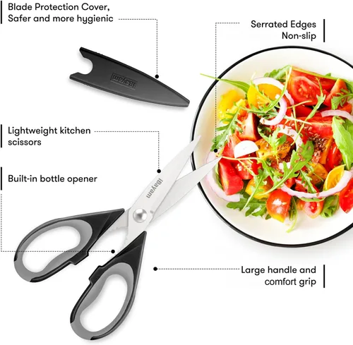 Vista 2 de iBayam - Tijeras de cocina de 8.5 pulgadas con funda, color negro Tijeras multiusos, utensilios de cocina para el hogar, herramientas de mariscos