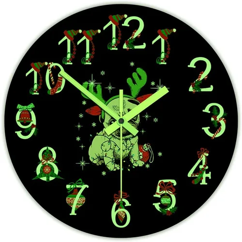 Vista 2 de The Geeky Days Reloj que brilla en la oscuridad, adorno de Navidad Pug funciona con pilas, reloj de pared luminoso de cuarzo silencioso con diseño