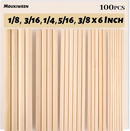 Vista 9 de Varillas de madera, 100 varillas redondas de madera de 1/4 x 6 pulgadas para manualidades, decoración del hogar, soporte de pasteles, accesorios