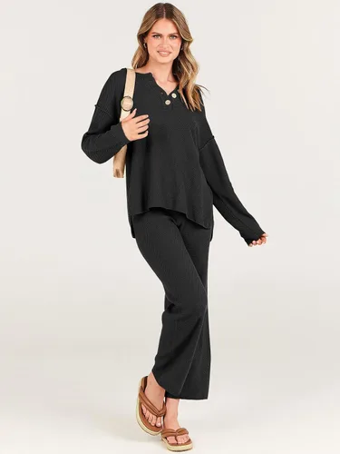 Vista 4 de ANRABESS Conjunto de 2 piezas para mujer, conjunto de suéter holgado holgado de punto de gran tamaño, conjunto de ropa de descanso a juego de moda